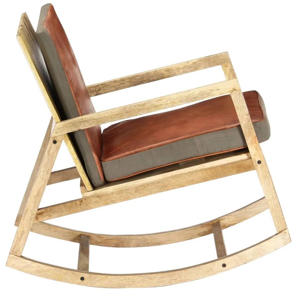 Καρέκλα Κουνιστή Καφέ από Γνήσιο Δέρμα και Μασίφ Ξύλο Μάνγκο - Καφέ
