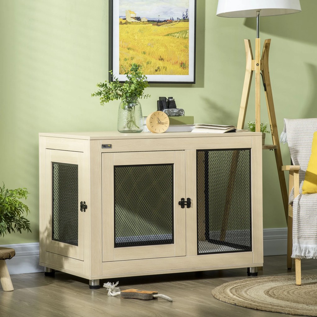 PawHut Κλουβί σκύλου, Μοντέρνος σχεδιασμός, κλειδώνει, 2 πόρτες, 94 cm x 60 cm x 71,5 cm, Φυσικό + Μαύρο