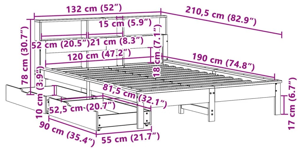 Κρεβάτι Βιβλιοθήκη Χωρίς Στρώμα 120x190 εκ Μασίφ Ξύλο Πεύκου - Καφέ