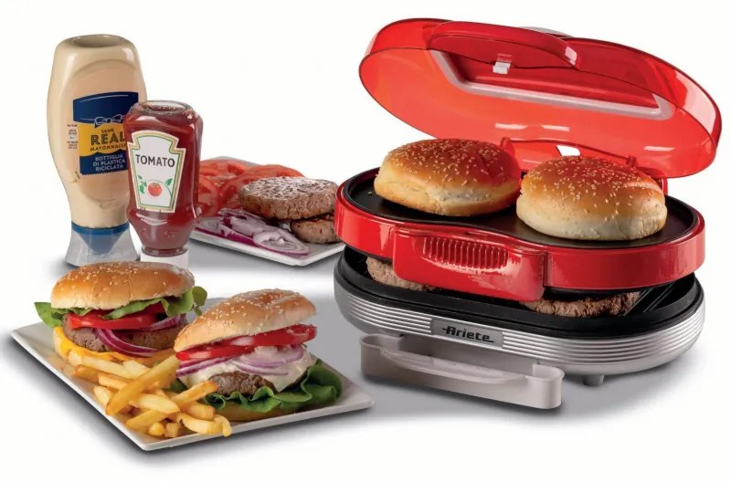 Μηχανή για μπέργκερ και σάντουιτς Ariete Party Time 0205/00, 1200W, 2 διαμερίσματα, Αντικολλητικές πλάκες, Αφαιρούμενος δίσκος, Κόκκινο