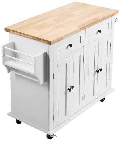 VEVOR Kitchen Island Cart with Solid Wood Top, 35.4" Width Mobile Carts with Storage Cabinet, Rolling Kitchen Table with Spice Rack, Towel Rack, and Drawer, Portable Islands on Wheels, White