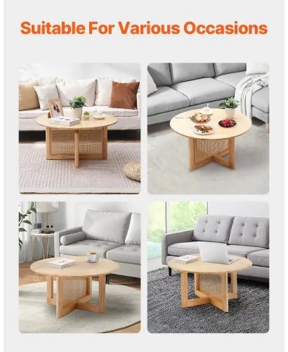 VEVOR Rattan Coffee Table Round Wood Coffee Table Single Tier for Living Room