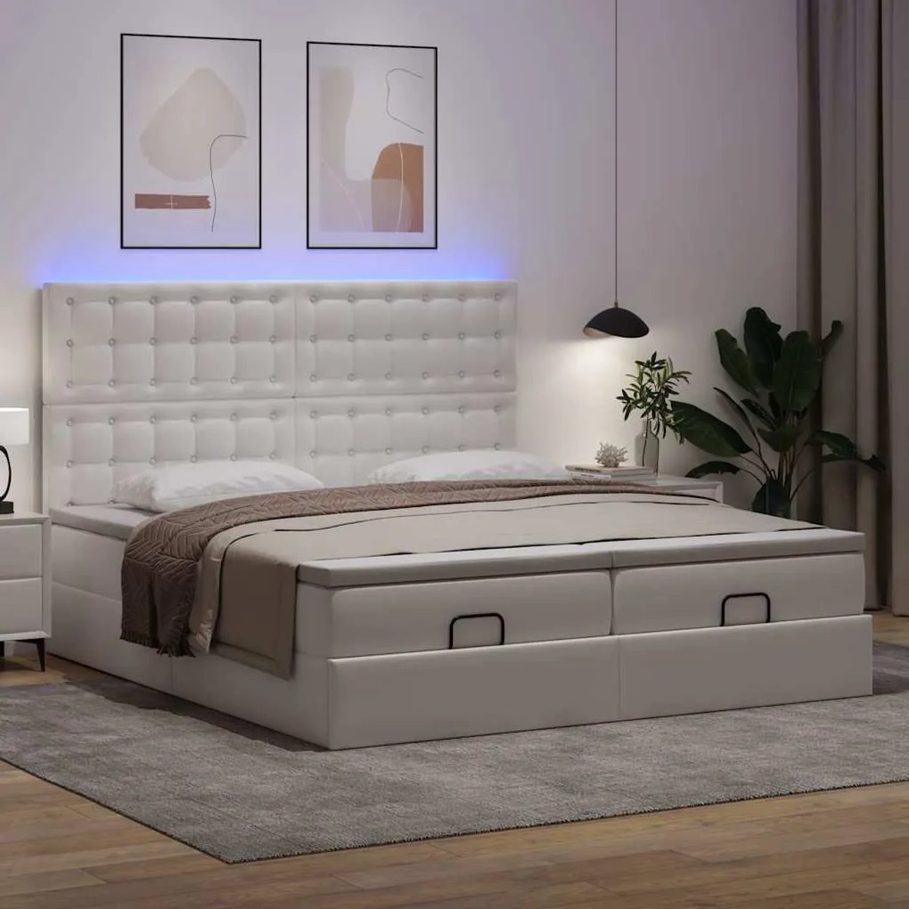 Οθωμανικό κρεβάτι με στρώματα &amp; LEDs Καθαρό λευκό Faux Leather 3314509