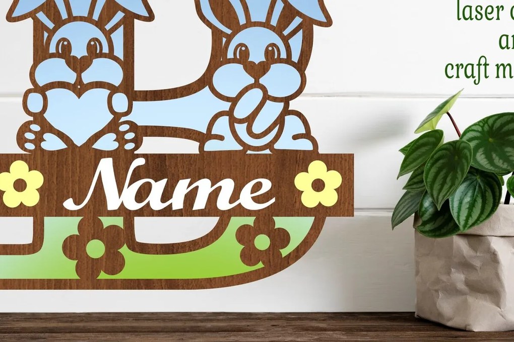 Σετ των 2 Intra απο ξύλο plywood 3mm-4mm πάχος Κουνελάκι κεφαλαίο μονόγραμμα Γράμμα B Δίασταση 30x20 cm INTRAFABR-72791834