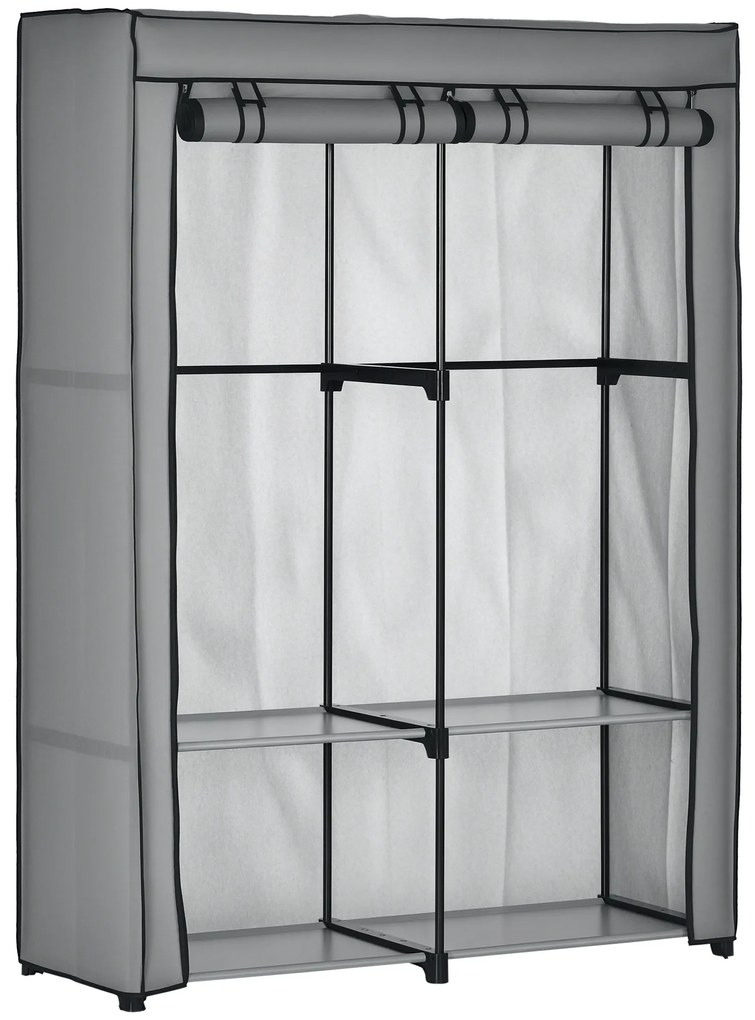 Ντουλάπα από ύφασμα HOMCOM, λύση αποθήκευσης, 4 ράφια, 2 ράβδοι ρούχων, Γκρι