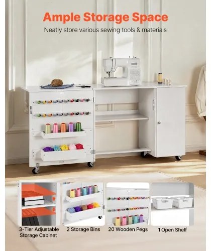 VEVOR Folding Sewing Table, Multipurpose Sewing Machine Table with Cabinet, Compact Design, Wheels, Wooden Pegs, Storage Trays and Shelf, Magnetic Door, Craft Station and Side Desk for Home, White
