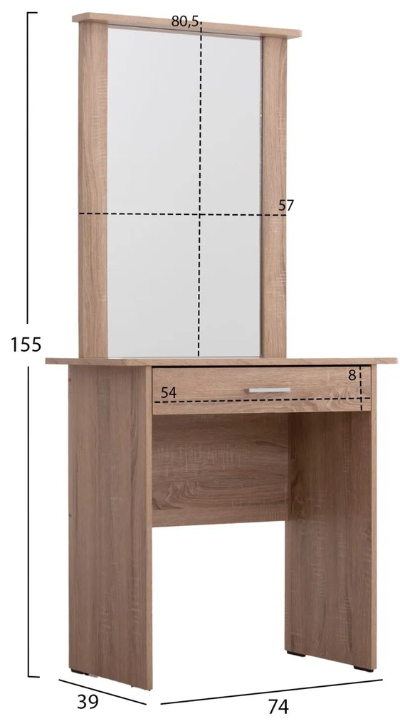 Τουαλέτα Με Καθρέπτη &amp; Σκαμπό Crystel Μελαμίνη Sonama Oak 74x39x155Yεκ