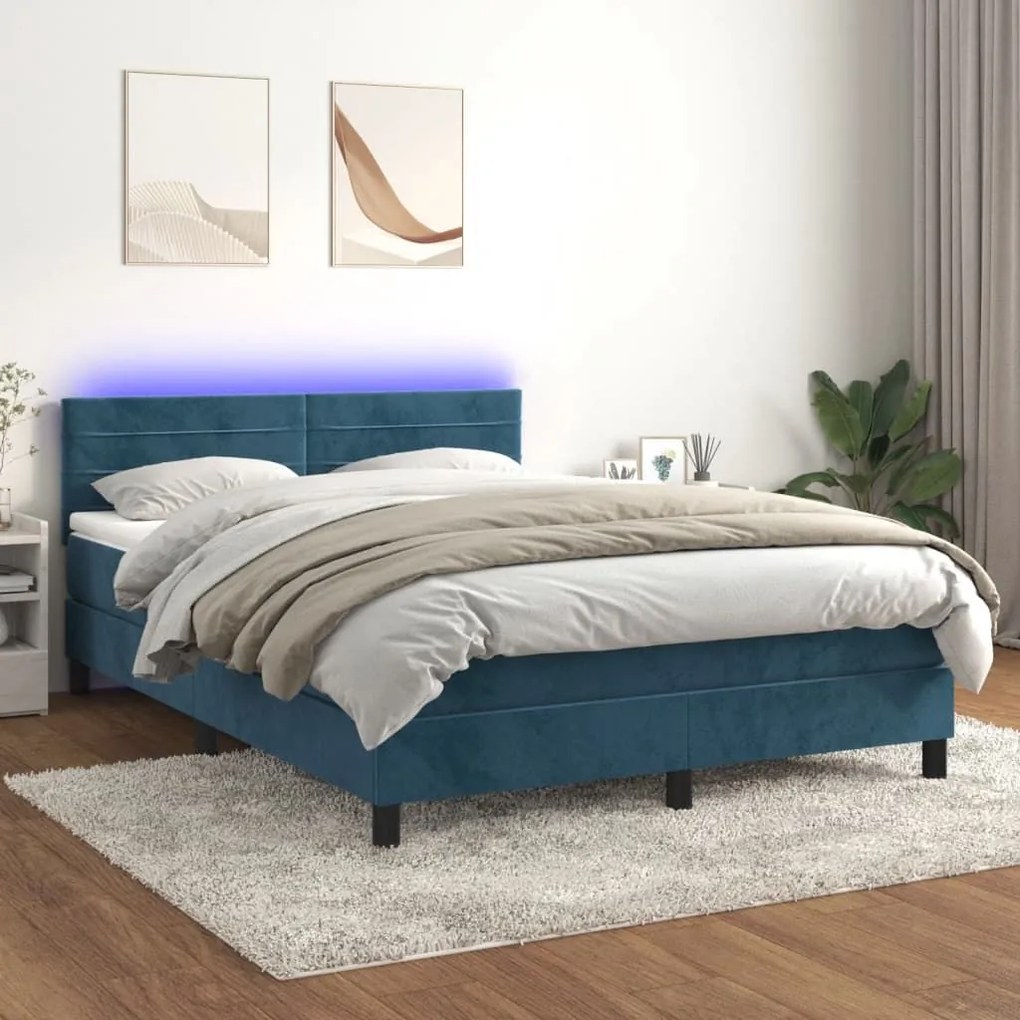 Κρεβάτι Boxspring με Στρώμα &amp; LED Σκ. Μπλε 140x190εκ. Βελούδινο - Μπλε