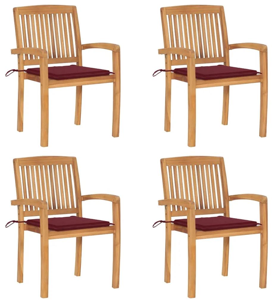 3073219 vidaXL Καρέκλες Κήπου Στοιβαζόμενες 4 τεμ. Μασίφ Ξύλο Teak + Μαξιλάρια Κόκκινο, 1 Τεμάχιο