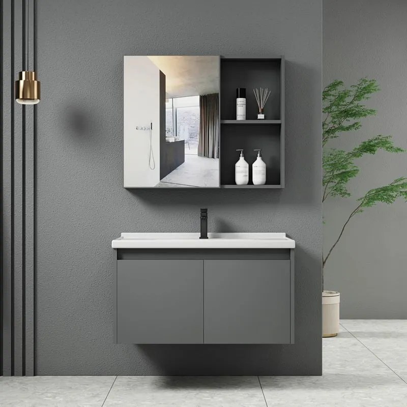 WOODWELL IDEA-1 Set Έπιπλο Κρεμαστό Μπάνιου Γκρι, Καθρέπτης + Πάγκος με Νιπτήρα και Μπαταρία Up:55x11x60cm Down:60x47x45cm ΕΝ100,3