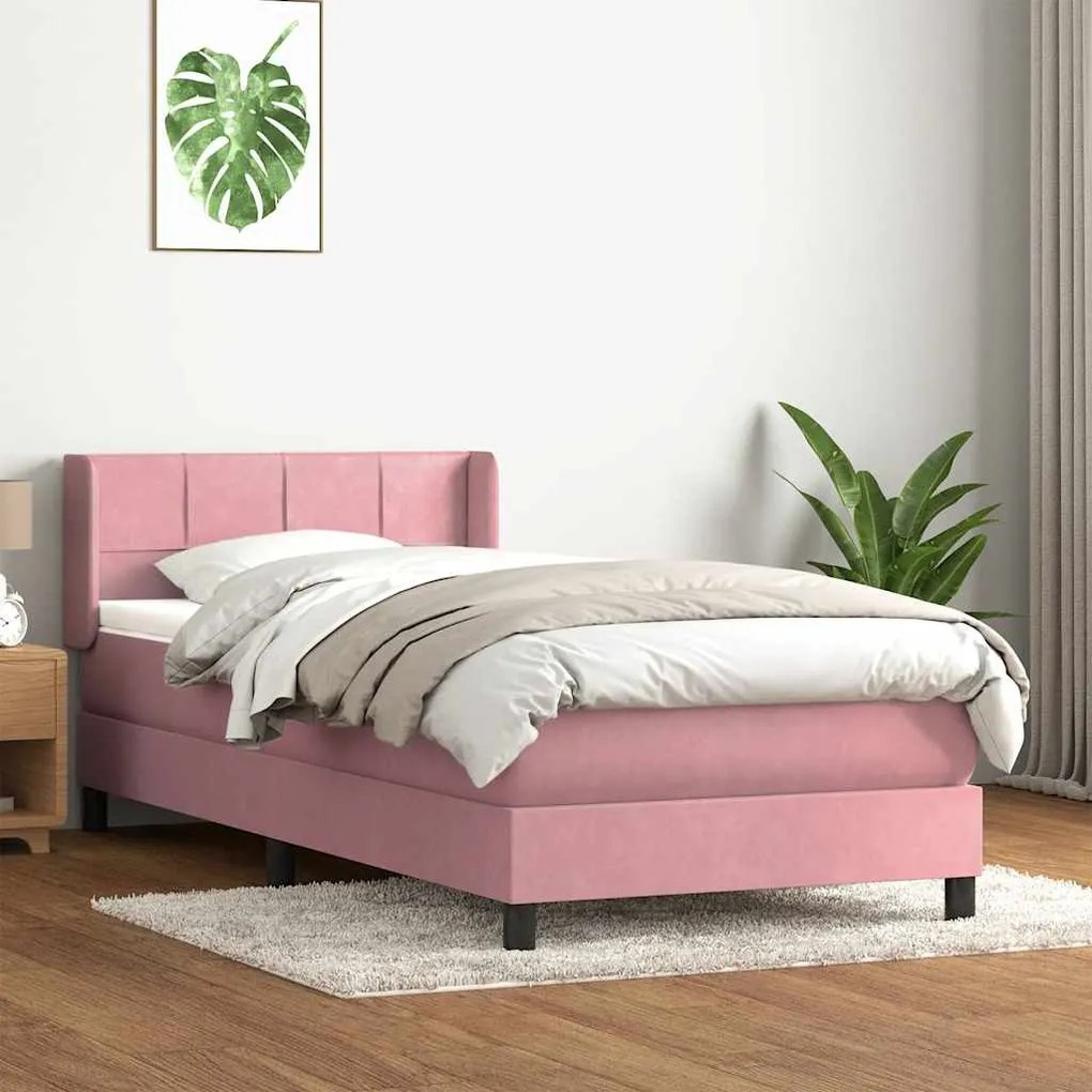 Κρεβάτι Boxspring με Στρώμα Ροζ 90x220 εκ. Βελούδινο