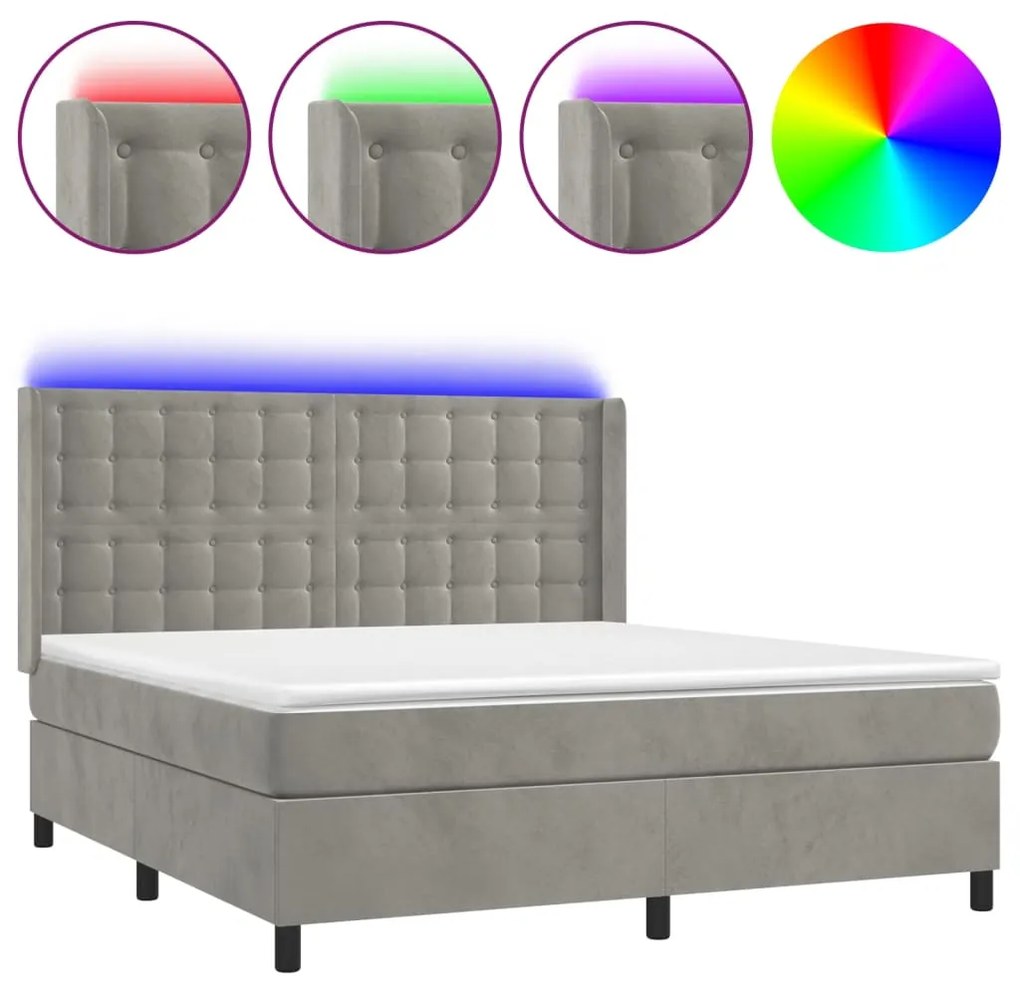 Κρεβάτι Boxspring με Στρώμα &amp; LED Αν.Γκρι 160x200 εκ. Βελούδινο - Γκρι