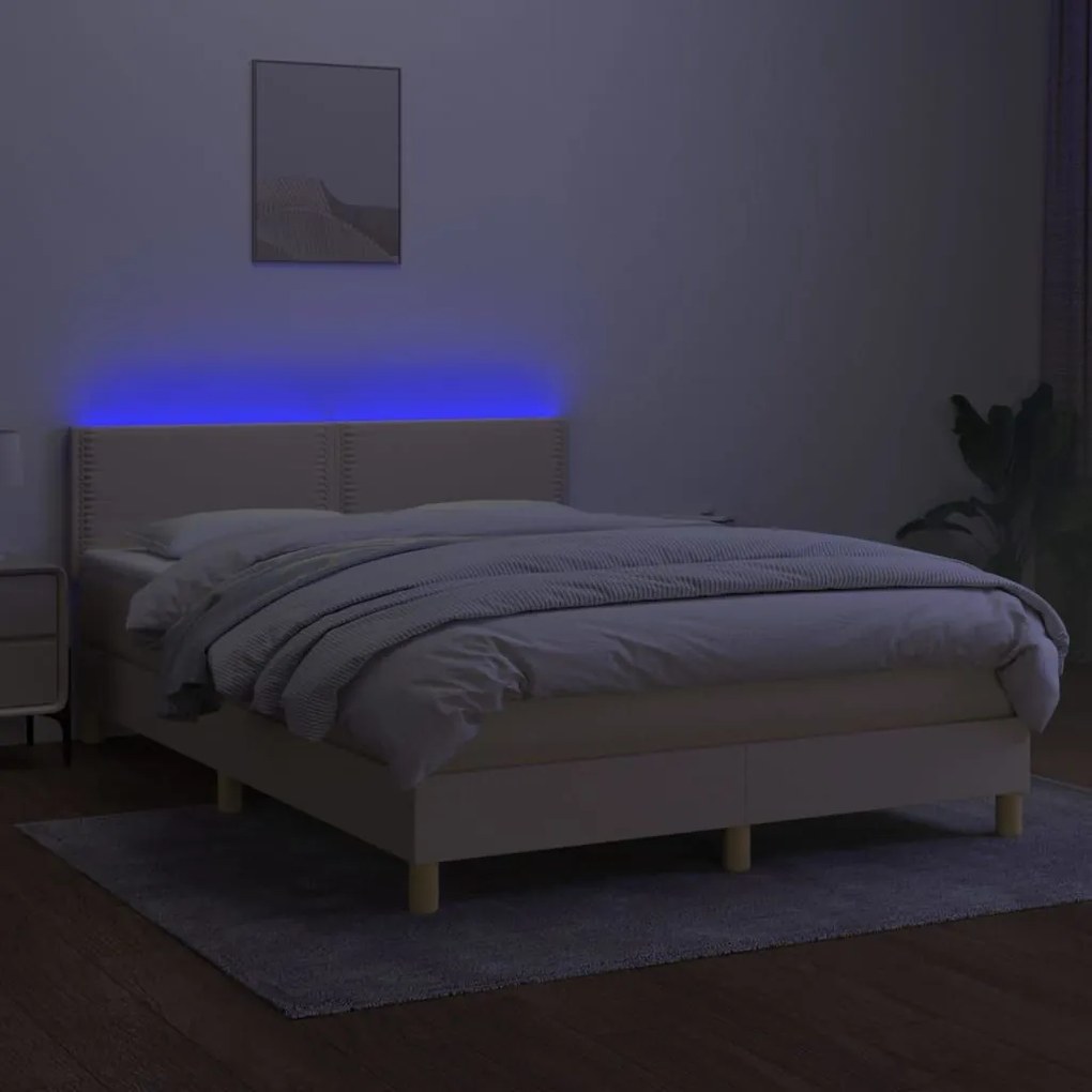 Κρεβάτι Boxspring με Στρώμα &amp; LED Κρεμ 140x200 εκ. Υφασμάτινο - Κρεμ