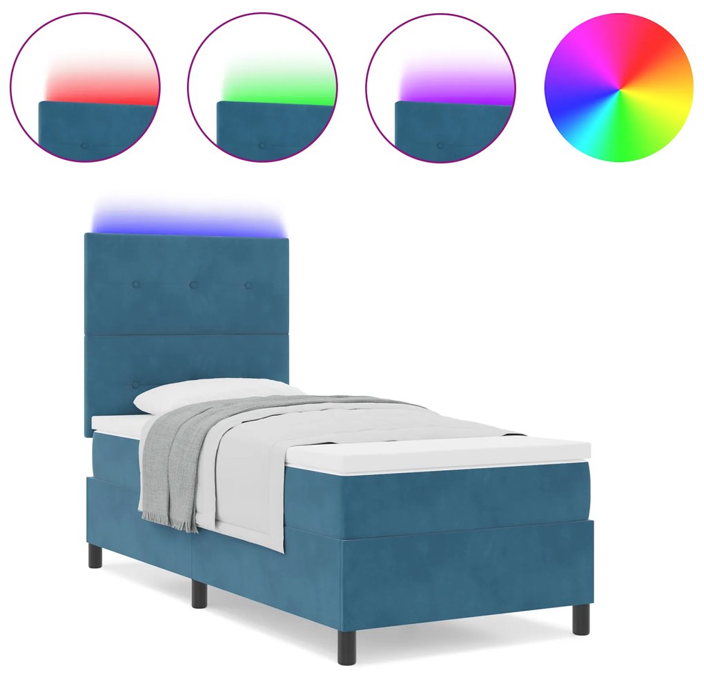vidaXL Κρεβάτι Box Spring με Στρώμα & LED Σκούρο Μπλε 90x200 εκ Βελούδο