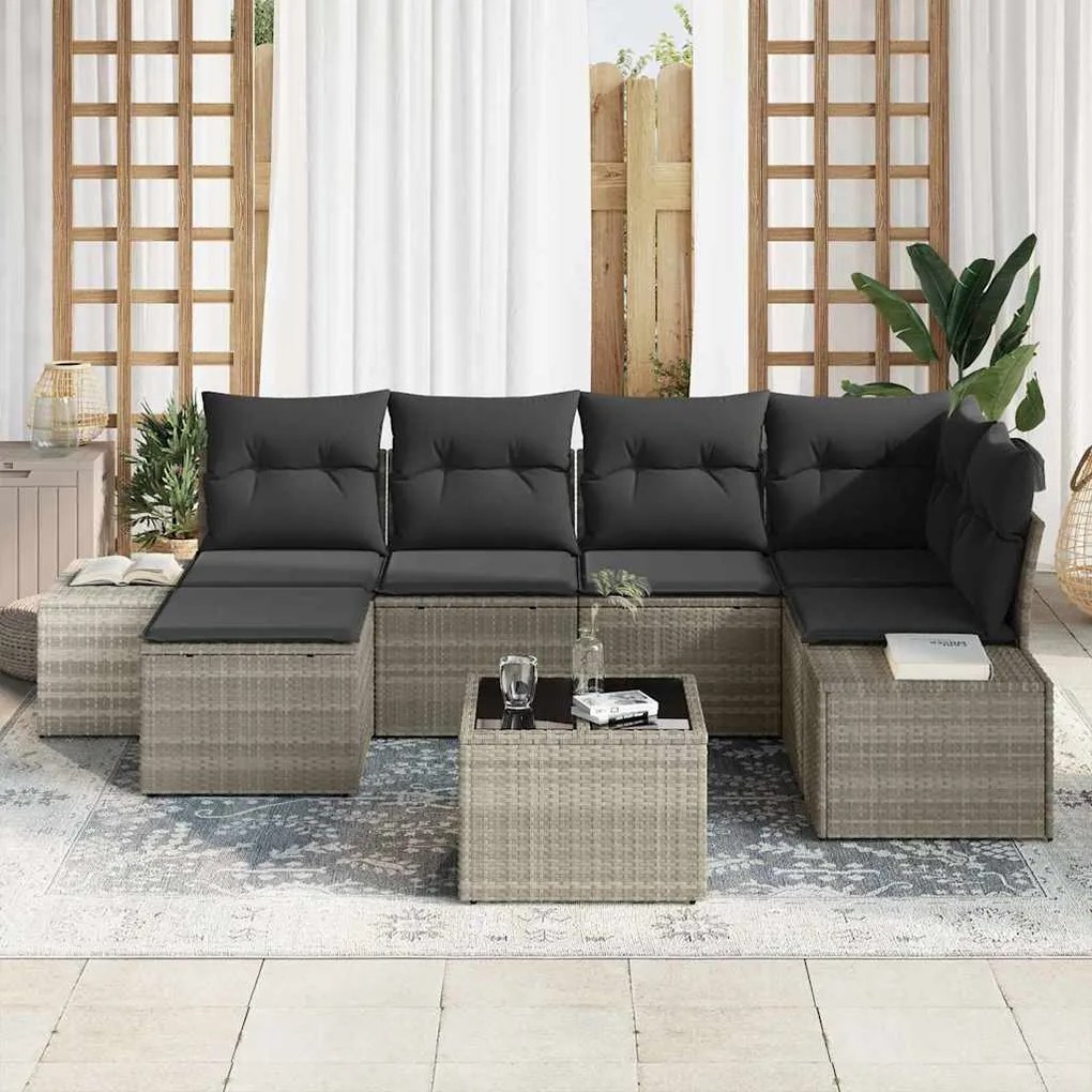 vidaXL Σετ Καναπέ Κήπου με μαξιλάρι 7 pcs Ανοιχτό γκρι Πολυ ράταν