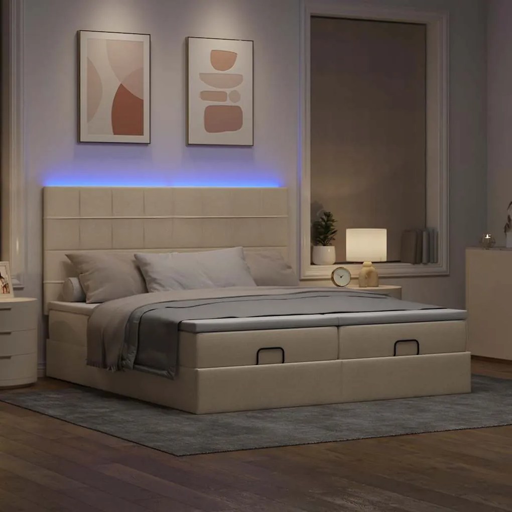 vidaXL Οθωμανικό κρεβάτι με στρώματα & LEDs Κρέμα 200x200cm ύφασμα