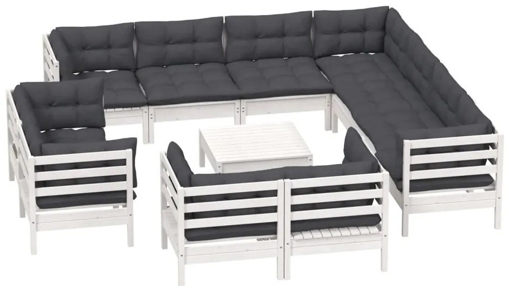 vidaXL Σαλόνι Κήπου Σετ 12 τεμ. Λευκό Μασίφ Ξύλο Πεύκου & Μαξιλάρια