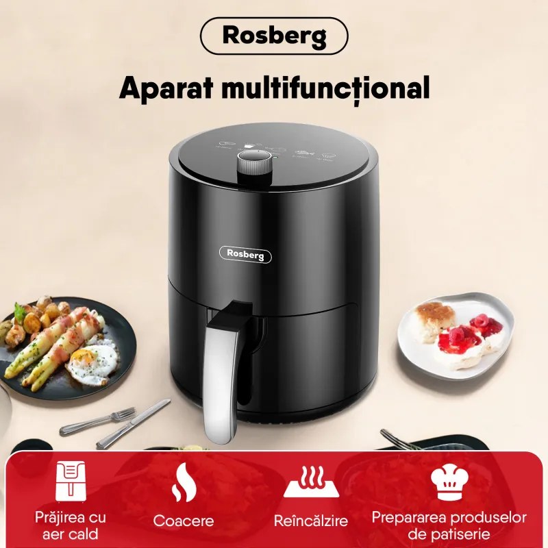 Φριτέζα AirFryer Rosberg R51980Y, 1200 W, 2,5 L, Hot Air, Timer, Έως 200C, Μαύρο