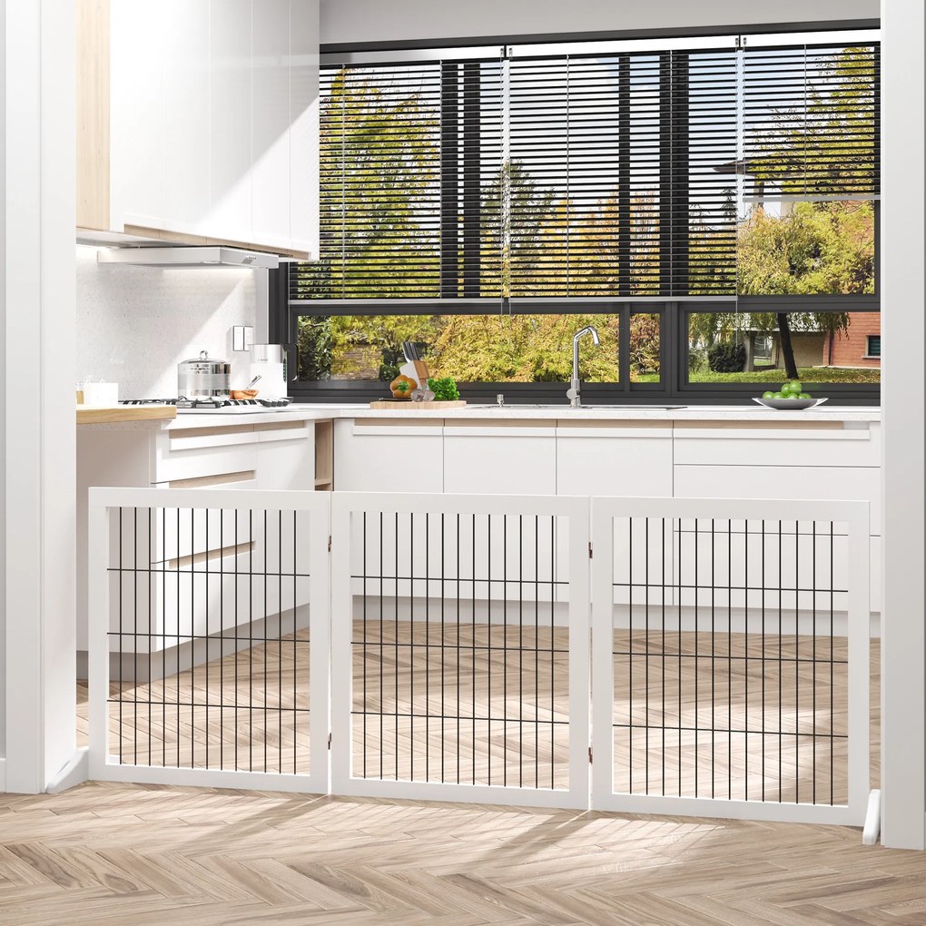 PawHut Πτυσσόμενο Φράγμα Σκύλου με Πόδια Στήριξης, Πύλη Ασφαλείας για Σκύλους, Πύλη Τζακιού & Σόμπας, Ξύλο Πεύκου Λευκό 185 x 36 x 71 cm