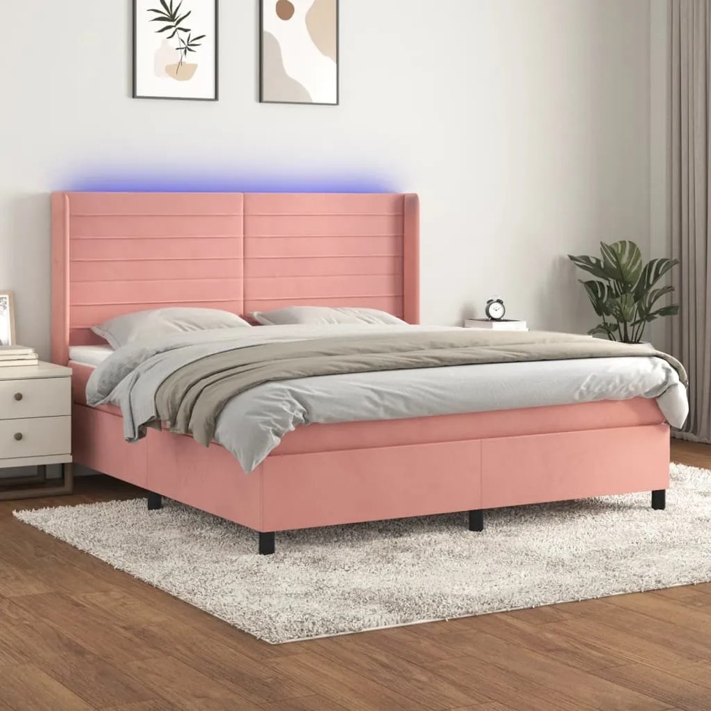 vidaXL Κρεβάτι Boxspring με Στρώμα &amp; LED Ροζ 160x200 εκ. Βελούδινο