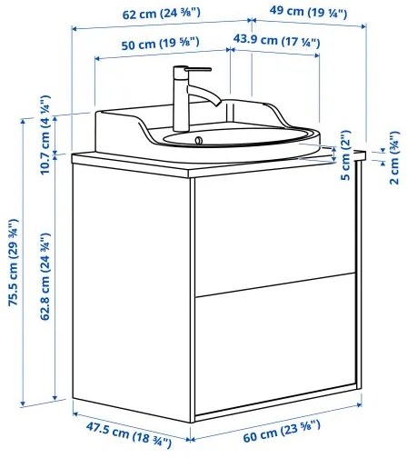 TANNFORSEN/RUTSJON βάση νιπτήρα με συρτάρια/νιπτήρα/μπαταρία, 62x49x76 cm 495.139.75