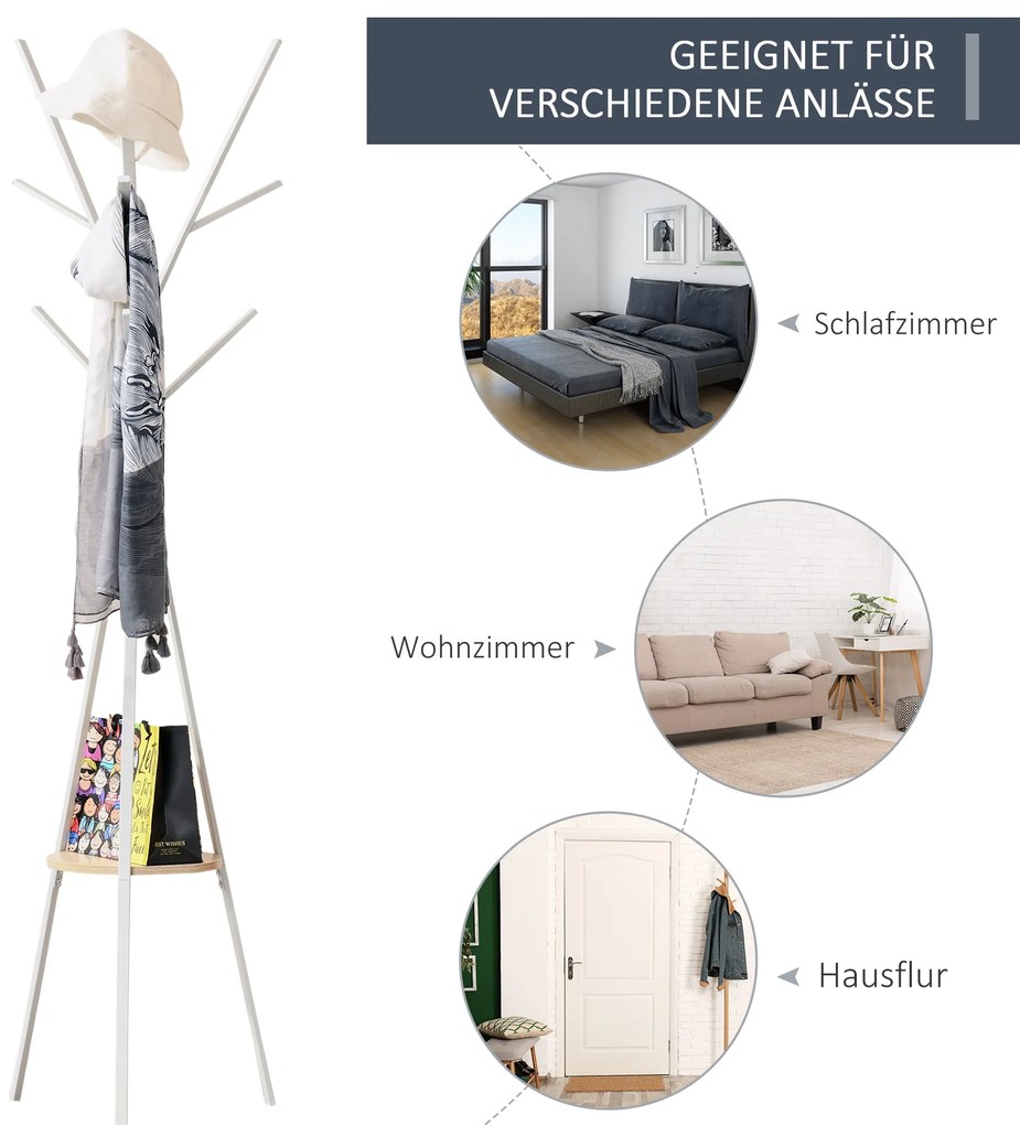 HOMCOM Κρεμάστρα παλτό με ράφι και 8 γάντζους Κρεμάστρα μπουφάν Μοντέρνα κρεμάστρα για ρούχα καπέλο τσάντα, σαλόνι, λευκό