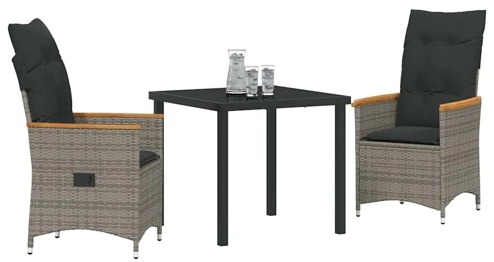 vidaXL Σέτ φαγητού για κήπο με μαξιλάρι 3 pcs Γκρι Πολυ ράταν