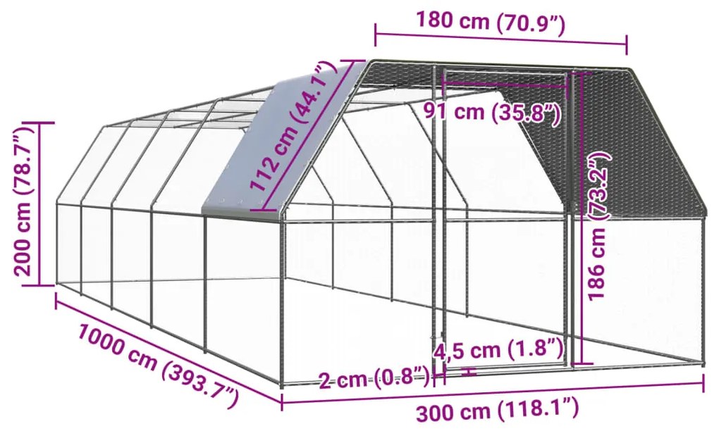 vidaXL Κοτέτσι - Κλουβί Εξωτ. Χώρου 3x10x2 μ. από Γαλβανισμένο Χάλυβα