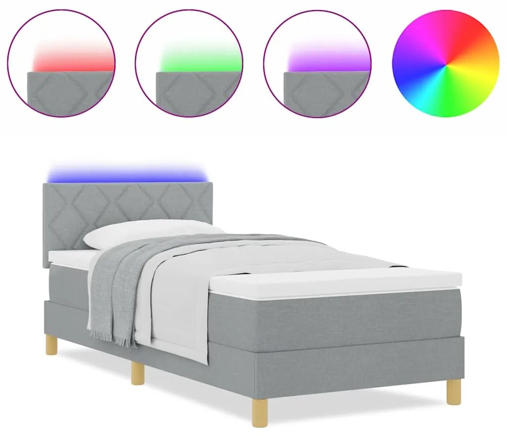 vidaXL LED Κρεβάτι με βάθρο με στρώμα Ανοιχτό γκρι 90 x 190 cm ύφασμα