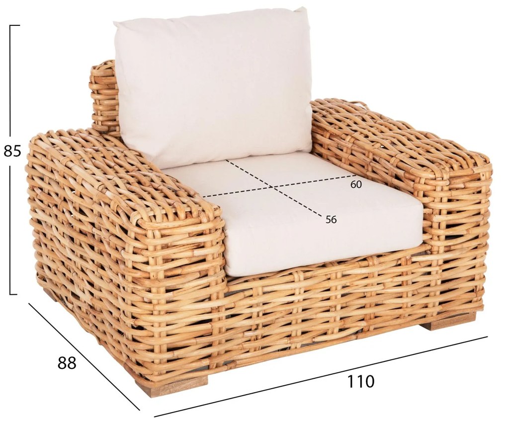 Καρέκλα - Πολυθρόνα TROPEL C9810 Ξύλο Mango με Φυσικό Rattan και Λευκά Μαξιλάρια 110x88x70-85Υεκ. 110x88x85 εκ.