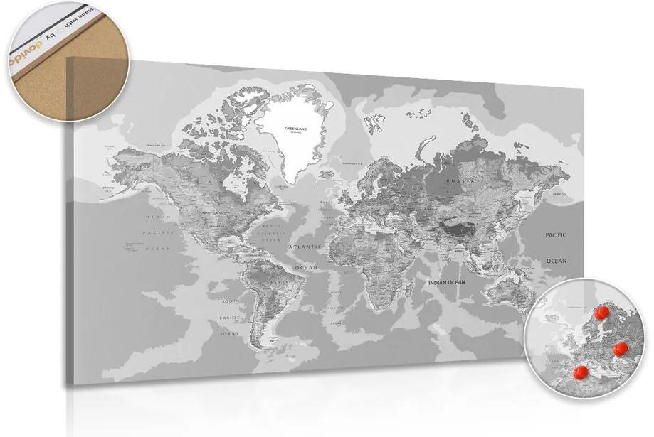 Εικόνα στο φελλό ενός κλασικού παγκόσμιου χάρτη σε ασπρόμαυρο - 90x60  smiley