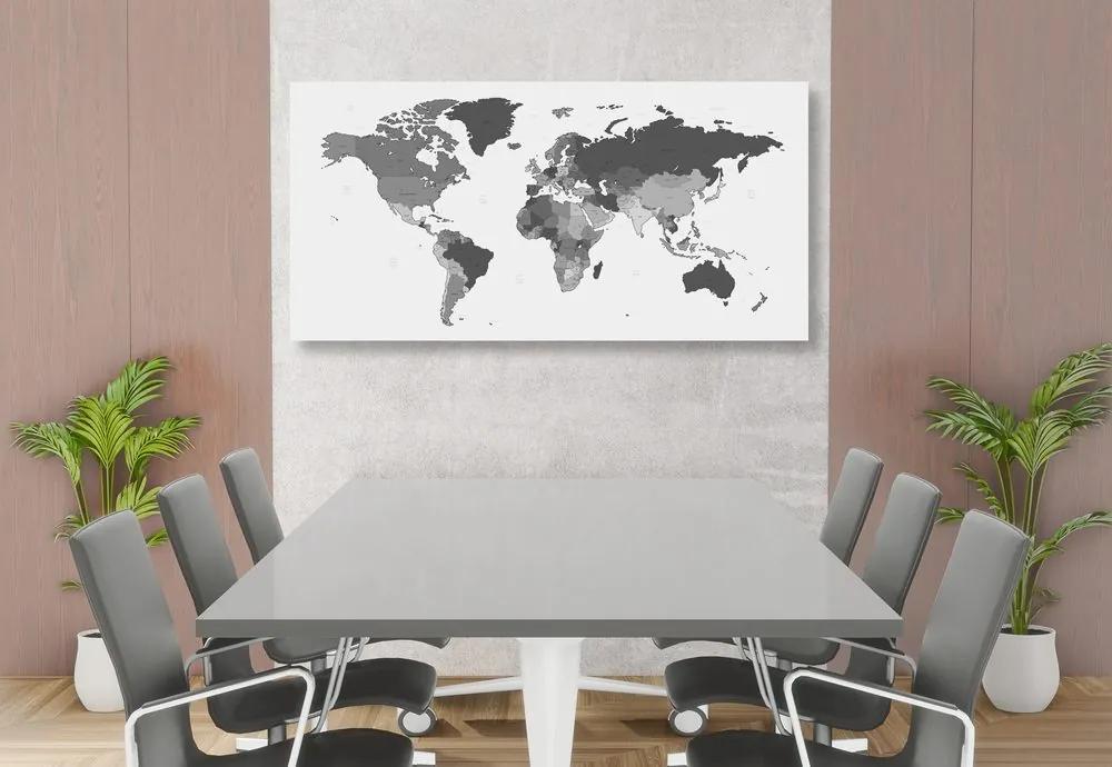 Εικόνα σε φελλό λεπτομερής παγκόσμιος χάρτης σε ασπρόμαυρο σχέδιο - 100x50  arrow