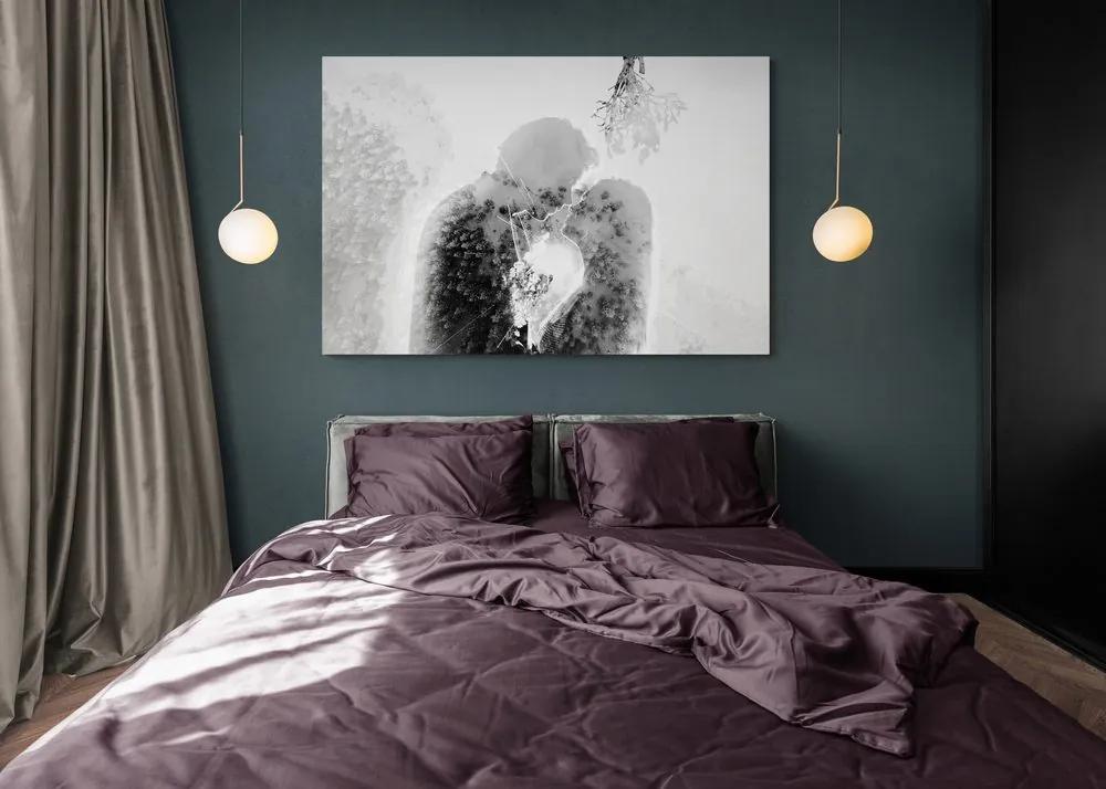 Εικόνα ενός ερωτευμένου ζευγαριού κάτω από γκί σε μαύρο και λευκό - 60x40