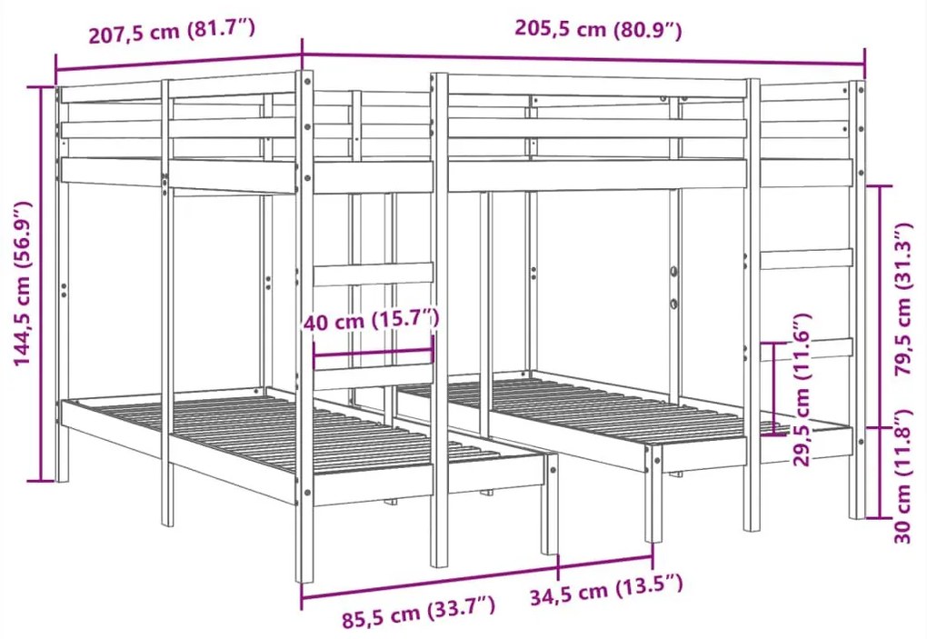 Τριπλή Κουκέτα Καφέ Κεριού 200x200/80x200 εκ. Μασίφ Ξύλο Πεύκου - Καφέ