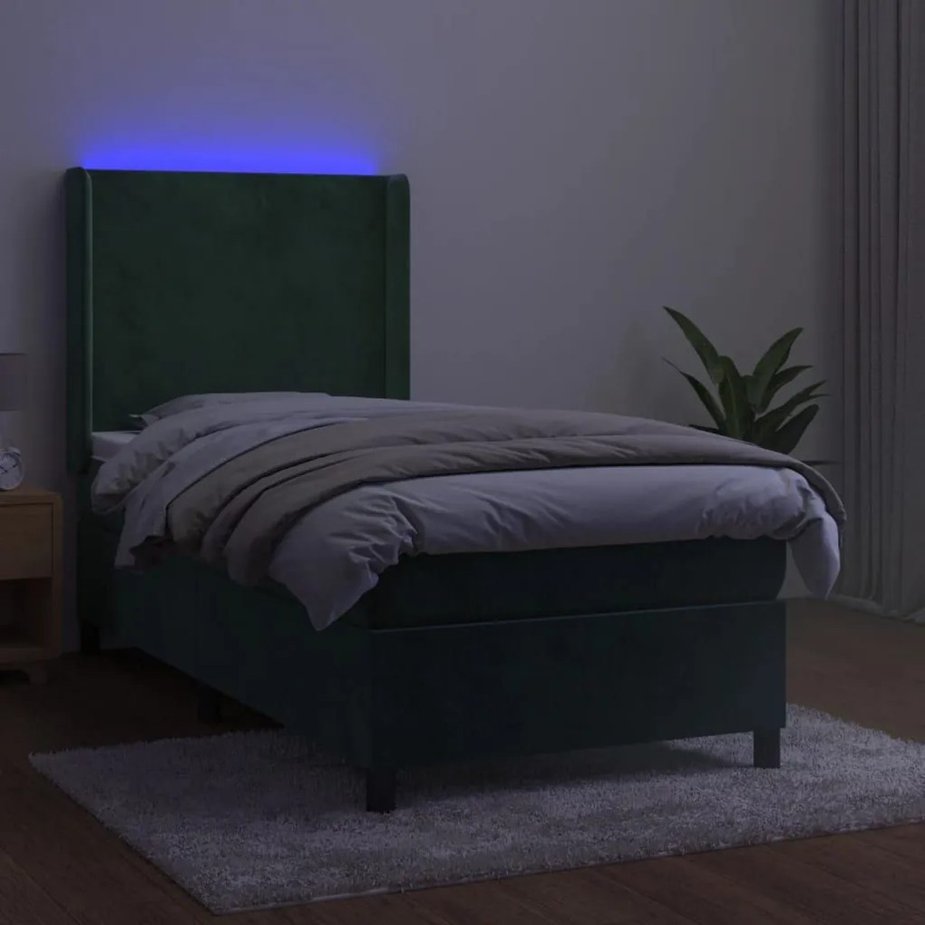 Κρεβάτι Boxspring με Στρώμα &amp; LED Σκ. Πράσινο 80x200 εκ Βελούδο - Πράσινο
