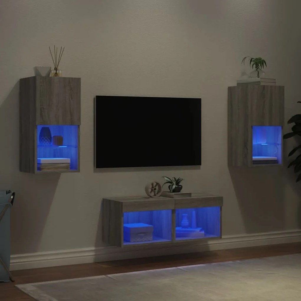vidaXL Ντουλάπια Τηλεόρασης Τοίχου 4 Τεμ. με Φώτα LED Γκρι Sonoma