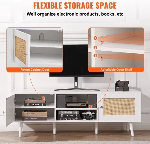 VEVOR Rattan TV Stand for 65&quot; TV Boho TV Stand with Build-in Socket White