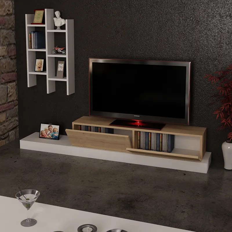 Έπιπλο τηλεόρασης Rumba pakoworld σε λευκή-oak απόχρωση 180x30x31εκ (1 τεμάχια)
