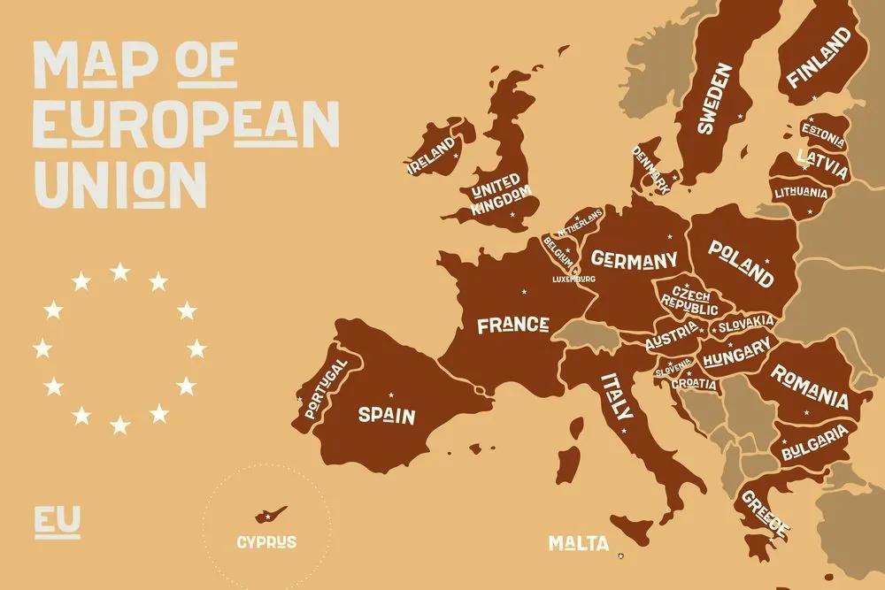 Εικόνα στον εκπαιδευτικό χάρτη από φελλό με ονόματα χωρών της ΕΕ σε αποχρώσεις του καφέ - 120x80  color mix