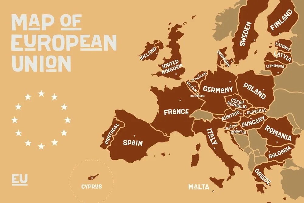 Εικόνα στον εκπαιδευτικό χάρτη από φελλό με ονόματα χωρών της ΕΕ σε αποχρώσεις του καφέ - 120x80 color mix
