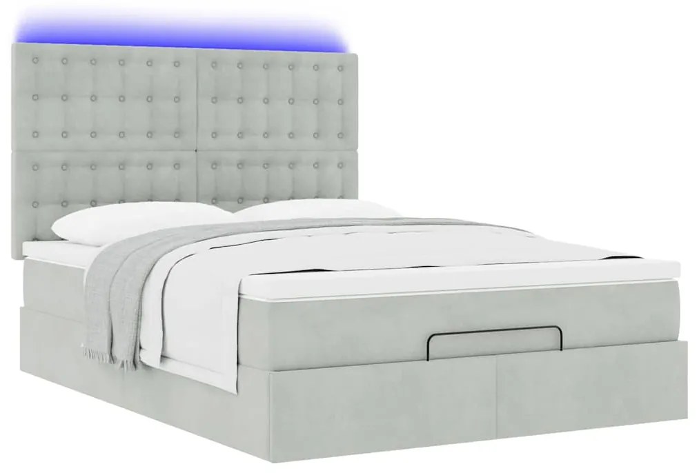 vidaXL Οθωμανικό κρεβάτι με στρώματα & LEDs Ανοιχτό γκρι Βελούδο