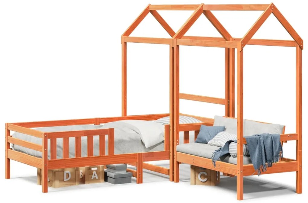 vidaXL Κρεβάτι Πάγκος Σετ με Οροφή Καφέ 90x200 εκ. Μασίφ Ξύλο Πεύκου