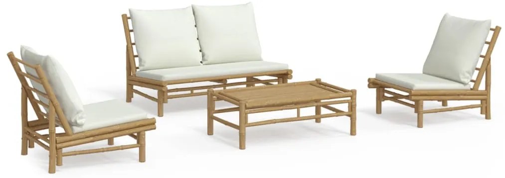 vidaXL Σαλόνι Κήπου Σετ 4 τεμ. από Μπαμπού με Λευκά Κρεμ Μαξιλάρια