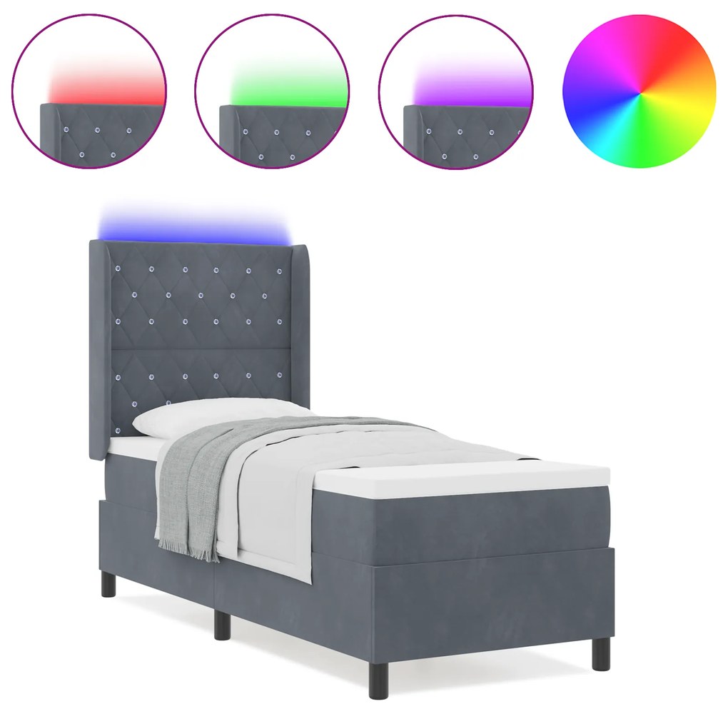 vidaXL Κρεβάτι με Ελατήριο & Στρώμα & LED Σκούρο Γκρι 80x200 εκ. Βελούδο