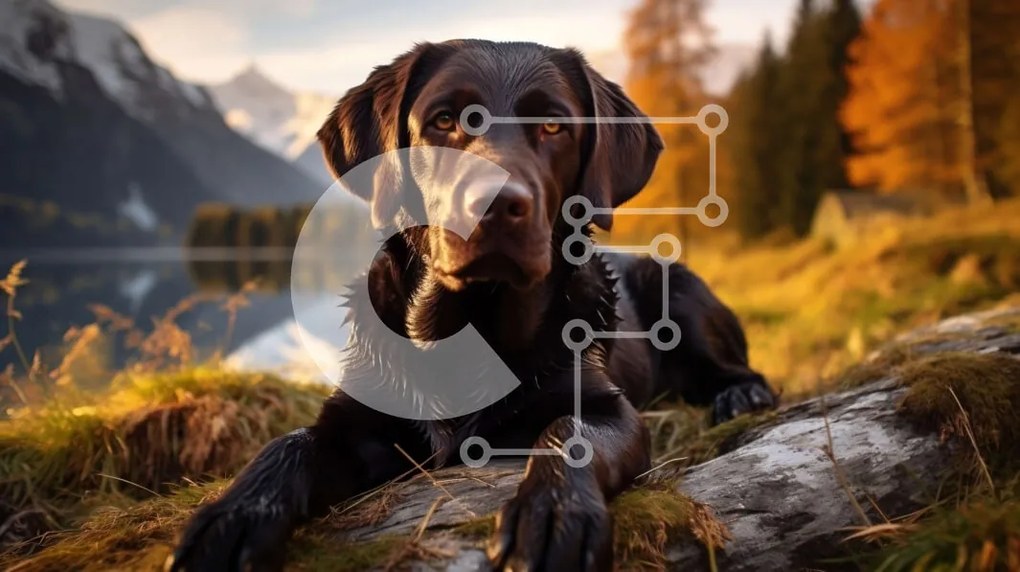 Intra Συλλεκτικό Ξύλινο Παζλ Plywood  4mm - Black Labrador Retriever Dog δίπλα στη λίμνη με βουνά στο φόντο Σε Ξύλινο Κουτί - Διαστάσεις: 10x10 cm – 25 κομμάτια