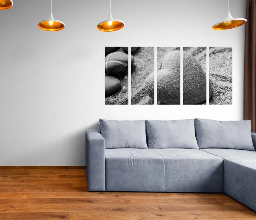 Εικόνα 5 τμημάτων Πέτρα Ζεν σε σχήμα καρδιάς σε μαύρο & άσπρο - 100x50