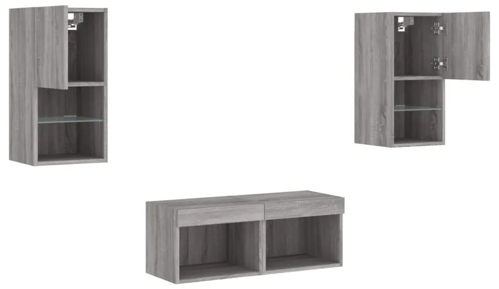 vidaXL Ντουλάπια Τηλεόρασης Τοίχου 4 Τεμ. με Φώτα LED Γκρι Sonoma