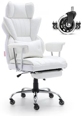 VEVOR Reclining Office Chair with Footrest, Heavy Duty PU Leather Wide Office Chair, Big and Tall Executive Office Chairs with Lumbar Support, Strong Metal Base Quiet Wheels, White