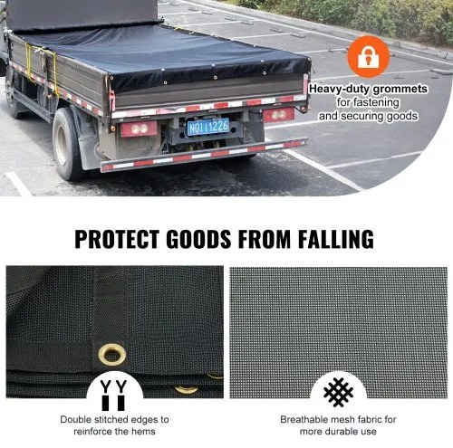 VEVOR Dump Truck Mesh Tarp, 7 x 14 ft, PVC Coated Black Heavy Duty Cover with 5.5" 18oz Double Pocket, Brass Grommets, Reinforced Double Needle Stitch Webbing Fits Manual or Electric Dump Truck System