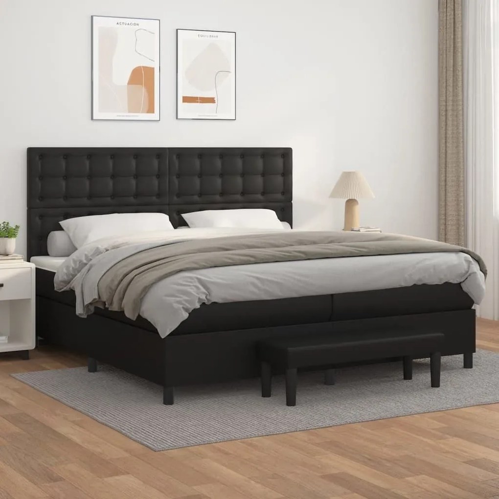 Κρεβάτι Boxspring με Στρώμα Μαύρο 200x200 εκ. Συνθετικό Δέρμα - Μαύρο